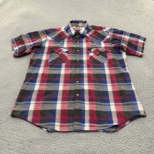 Ely Cattleman Western Shirt Mens Large Red Blue Plaid Short Sleeve Pearl Snap